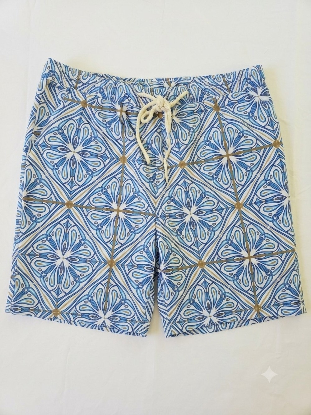 Men's Tile-Print Blue Fully Lined Swim Trunks with Drawstring Snover NWT Size XL